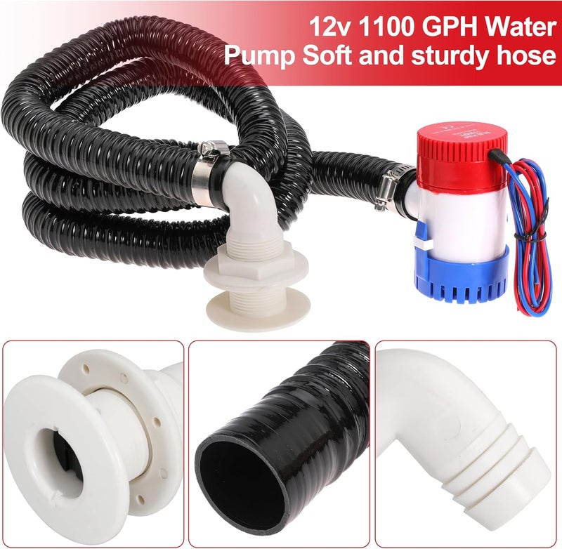 Ciweisah Boat Bilge Plumbing Kit 1-1/8 Inch Dia 12V Non-automatic Bilge Pump kit 1100 GPH with 6FT PVC Bilge Pump Hose (90 Degree Elbow) - Image 4